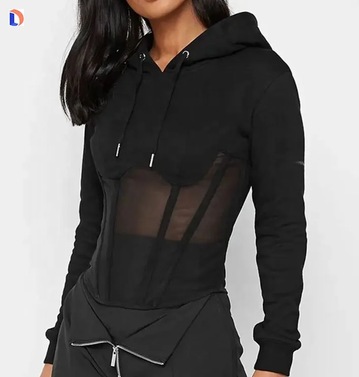Buy Full Black Perspective Hooded Sweater Zip Fastening To Back Corset Feature Jersey