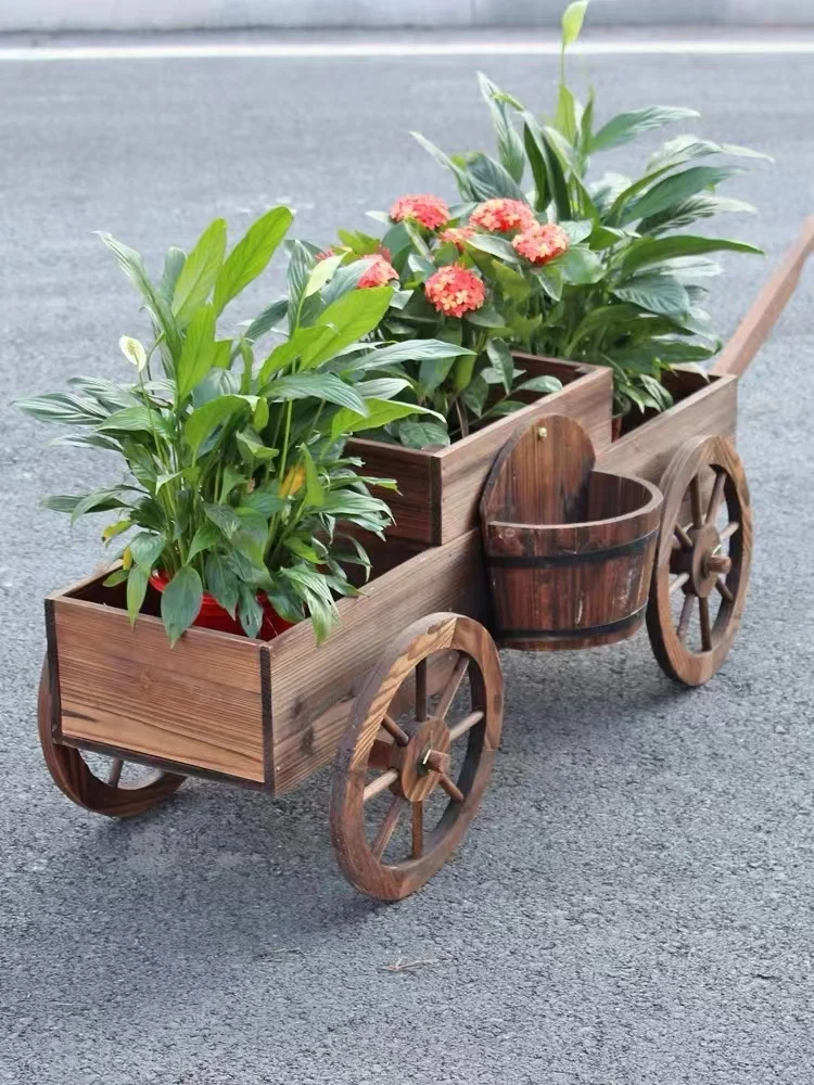 Customized Wooden Flower Cart Wheel Home Garden Wooden Flower Cart Half Barrel Wagon