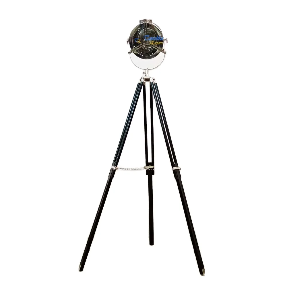 Vintage Decorative Nautical Marine Searchlight with Wooden Tripod Floor Stand Home Bedroom Corner Decor Spotlight