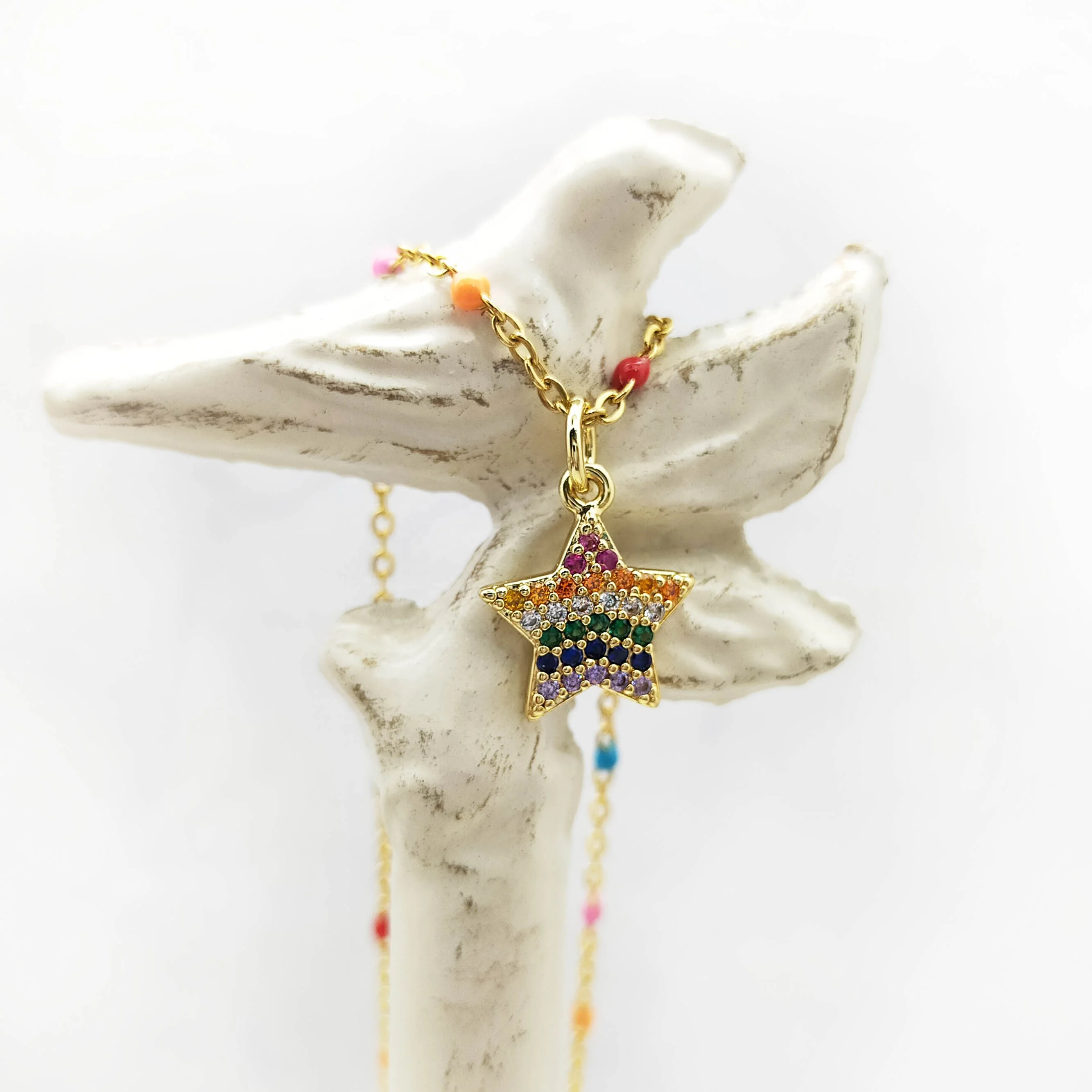 Twist enamel lacquered Zircon ring Gold plated stainless steel Zircon drip enamel pentagram necklace