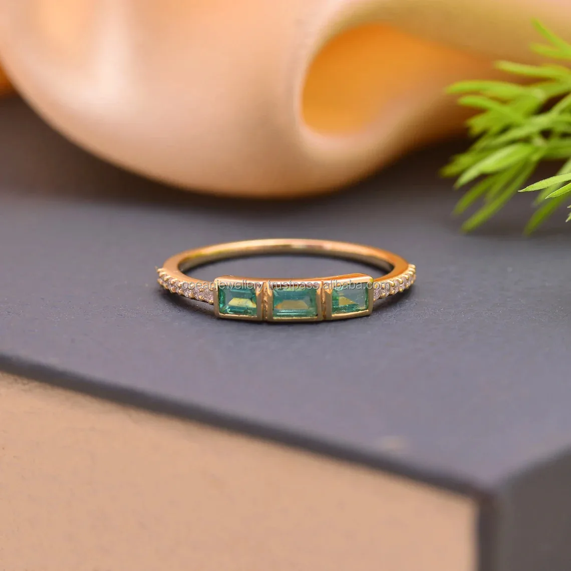 Wholesale 14k Solid Yellow Gold Square Emerald Diamond Ring Three Stone Emerald Ring Handmade Emerald Ring