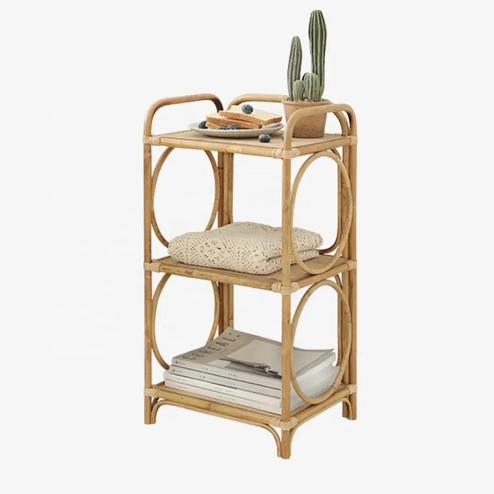 Оптовая продажа деревенский ротанга с 3-х уровневая деревянная полка постоянного ротанга книжная полка
