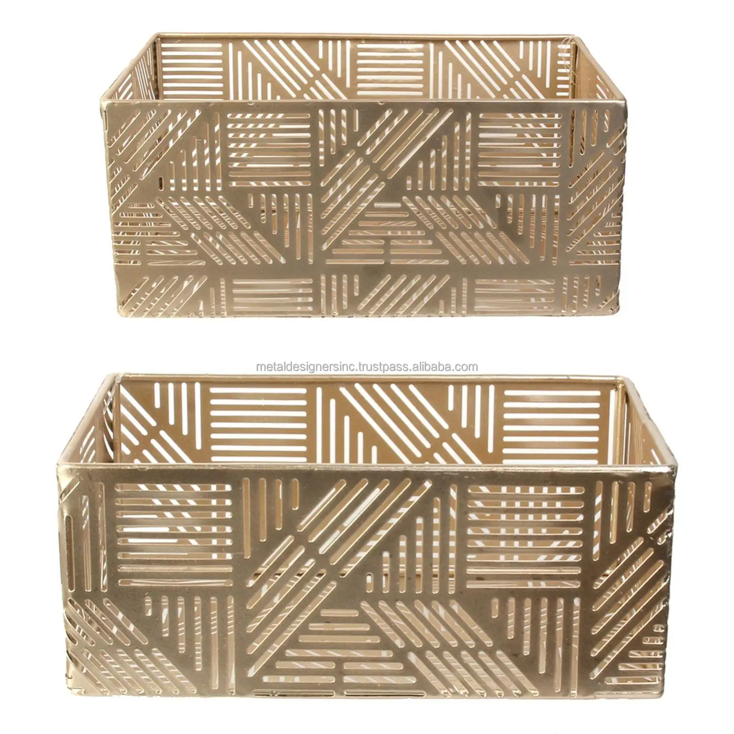 Set/2 Gold Rectangular etching Metal baskets Openwork Metal Storage Baskets cut out design baskets gold plating