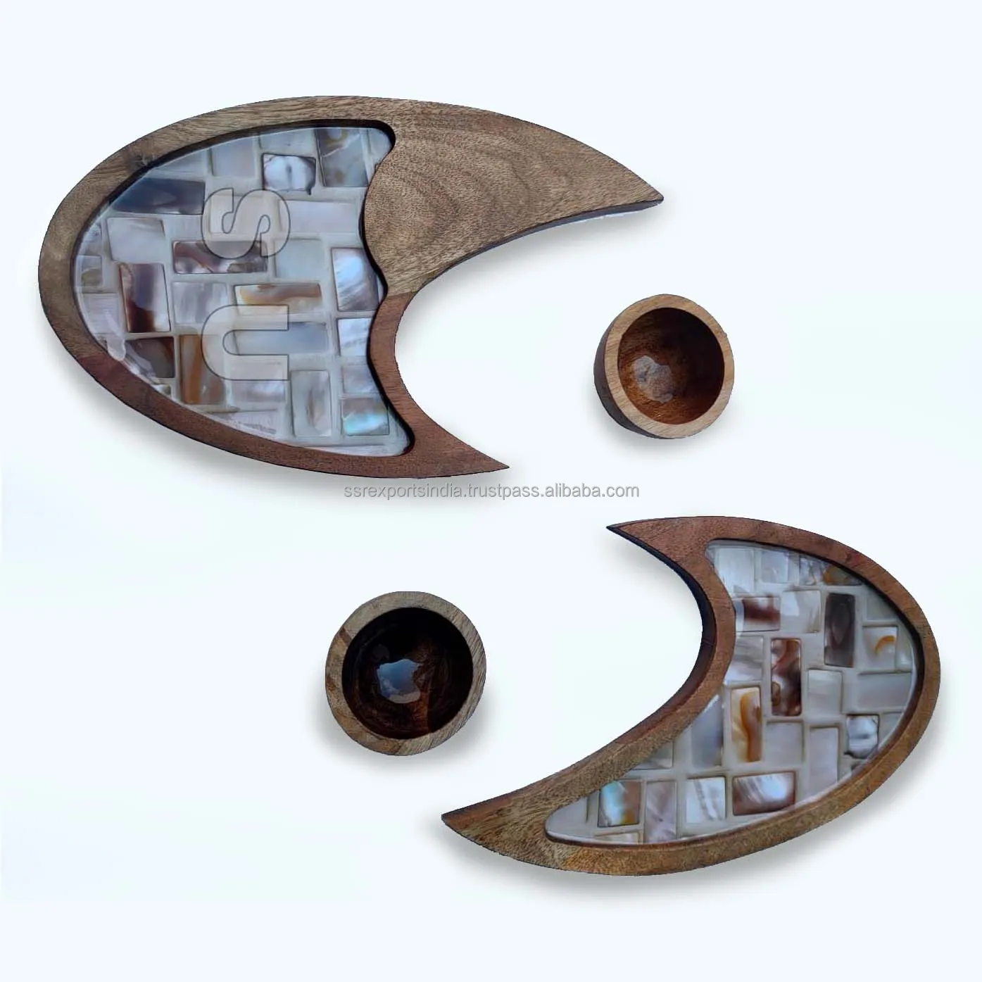 New Arrival Kitchenware Handcrafted Wood With MOP Serving Tray Set of 2 Natural Dish Plate For Table Top Dinnerware Restaurant