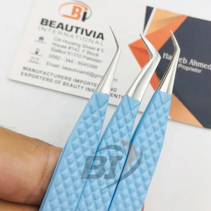 Sky Blue Color Coated Stainless Steel Hand Tested Light Weight Classic And Mega Volume Eyelash Extension Tweezers