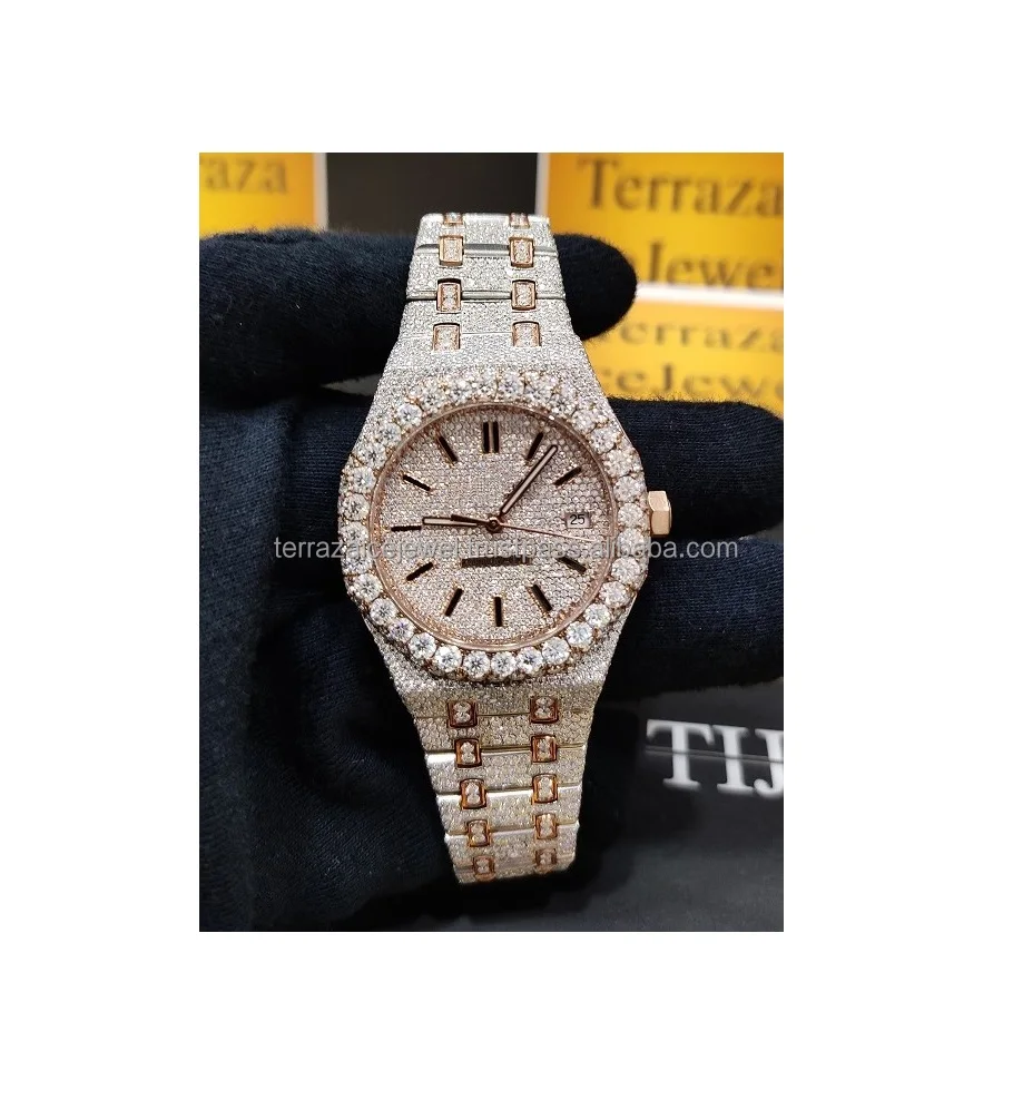 Premium Quality Antique Fully Iced Out Watch VVS Clarity Moissanite Studded Diamond Watches Luxury Stainless Steel Watch for Men