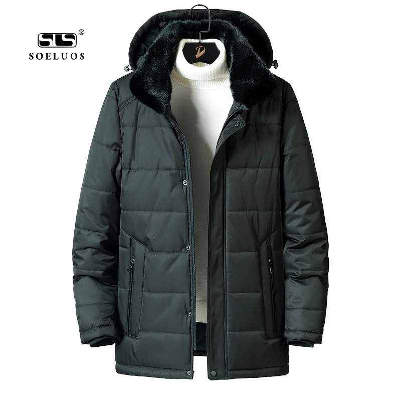 SOELUOS New Winter Fur Collar Hooded Long Quilted Cotton Jackets Business Casual Coats Overcoat For Men
