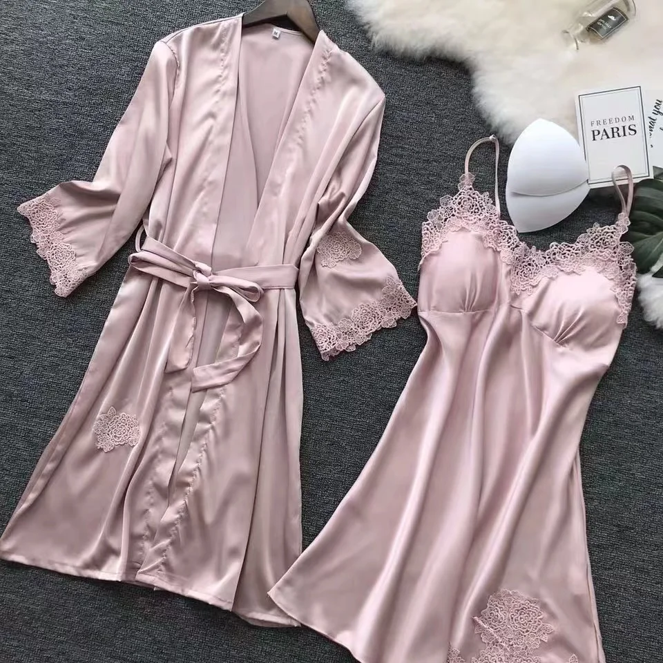 Hot sale Soft Women Solid Bathrobe Set Silky Lace Nightgowns with Robe Ladies Satin Sleepwear Set Night Dresses for Woman