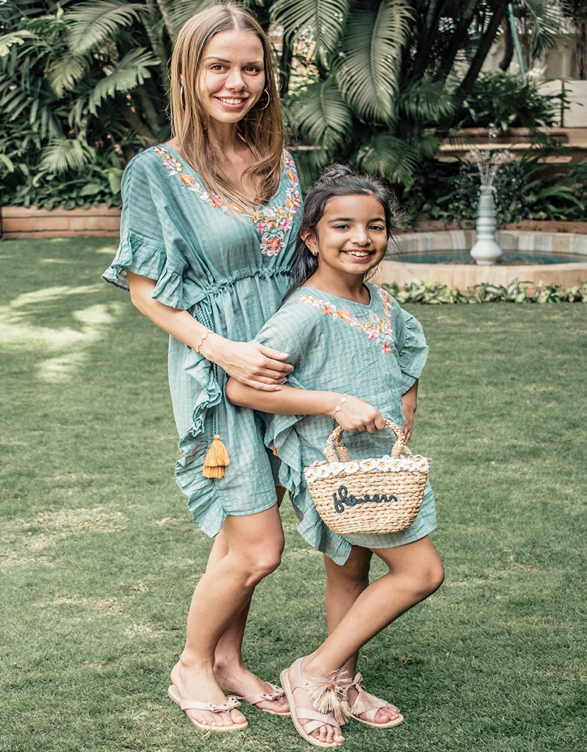 Gorgeous Mother & Daughter Matching Embroidered Kaftan Crafted With Soft Pure Cotton Fabric Perfect Beach Cover Up Outfit