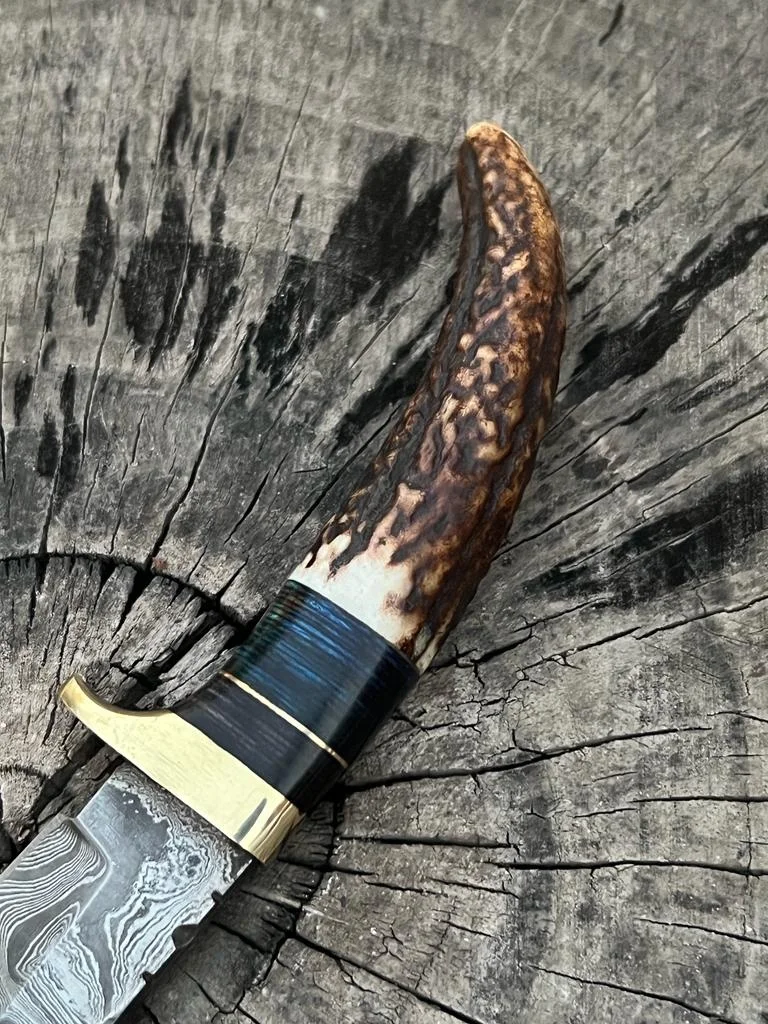 New Custom Handmade Damascus Steel Hunting Skinning Knife With Stag Horn Handle and Leather Sheath