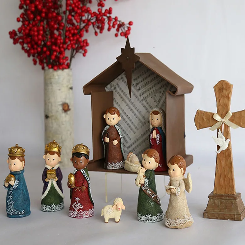 Custom Miniature Rustic Kids Christmas Nativity Scene Figurine set Small Decorative Religious Christian Figurines Jesus Manger