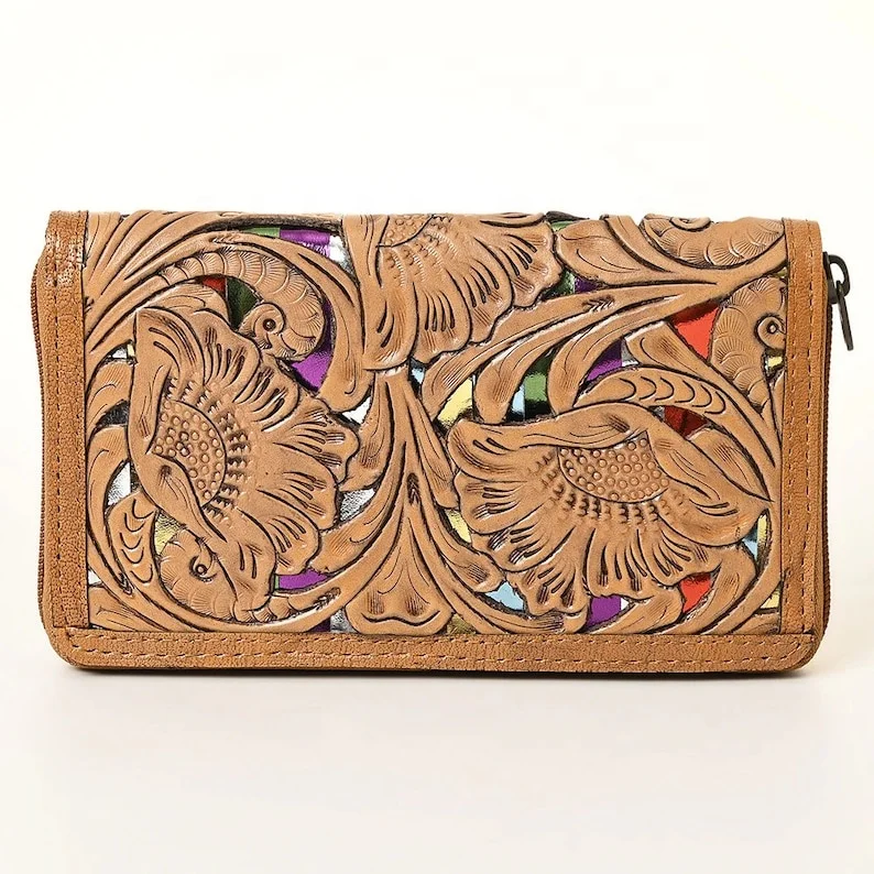 Genuine Leather Handmade Wallet With Card Cash Slots Handtooled Cow Leather Western Fashion Western Hand Tooled Leather Wallet