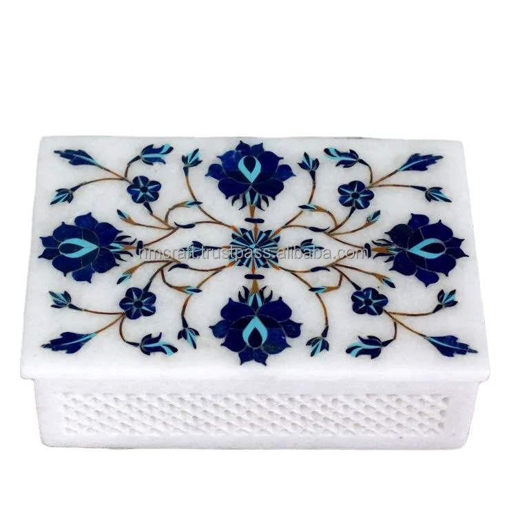 Attractive Looking Most Beautiful White Marble Inlay Blue Color Flower Design Work Jewelry Box BY N M CRAFT
