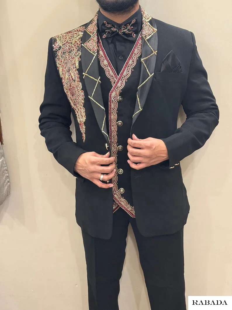 Black designer hand embroidered tuxedo, traditional groom black jodhpuri jacket Wedding Jodhpuri Indian Jacket mens suit
