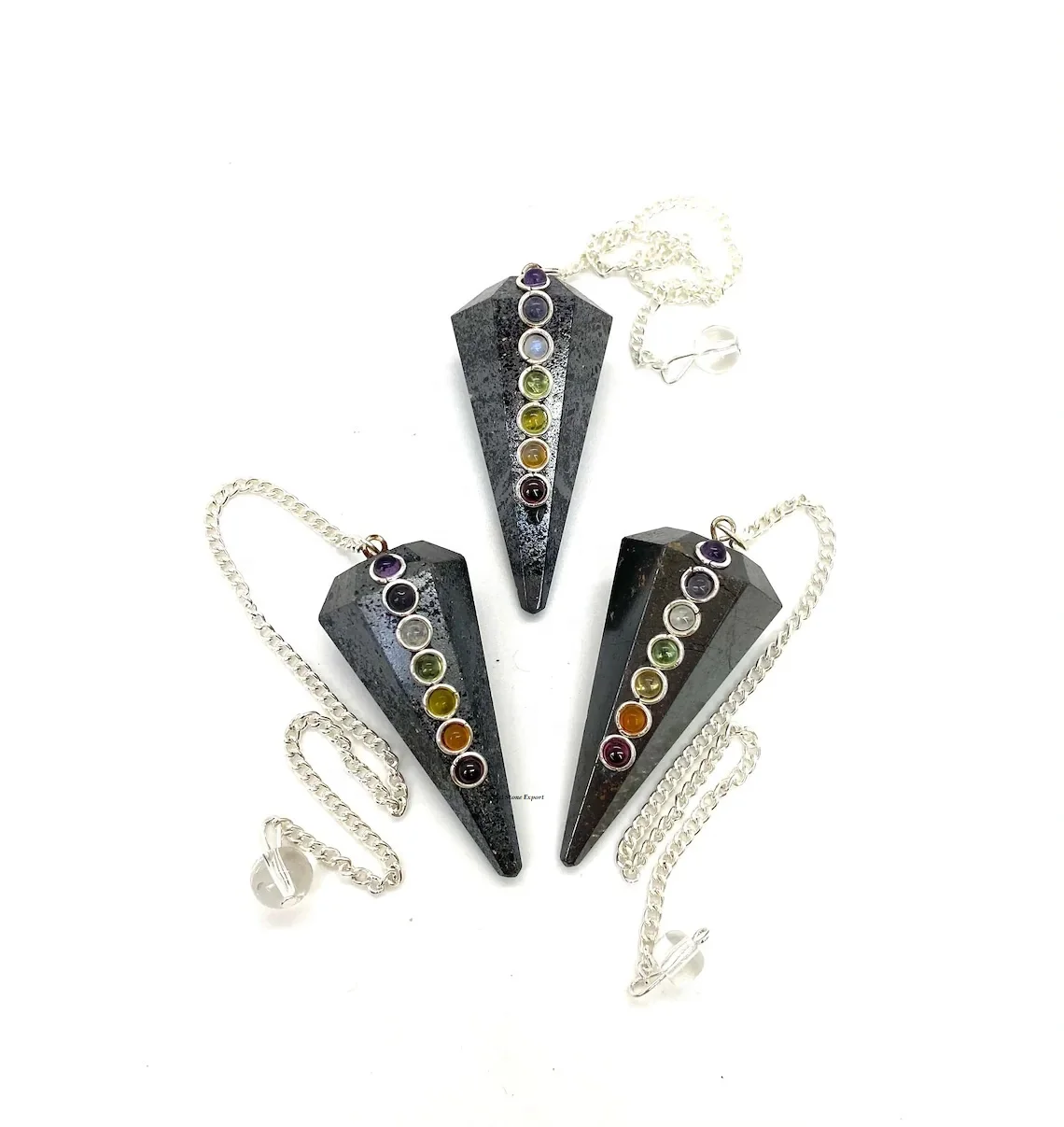 Hematite Crystal Pendulum with Chakra Stones : Reiki Healing Gemstone Pendulums : Dowsing Pendulum