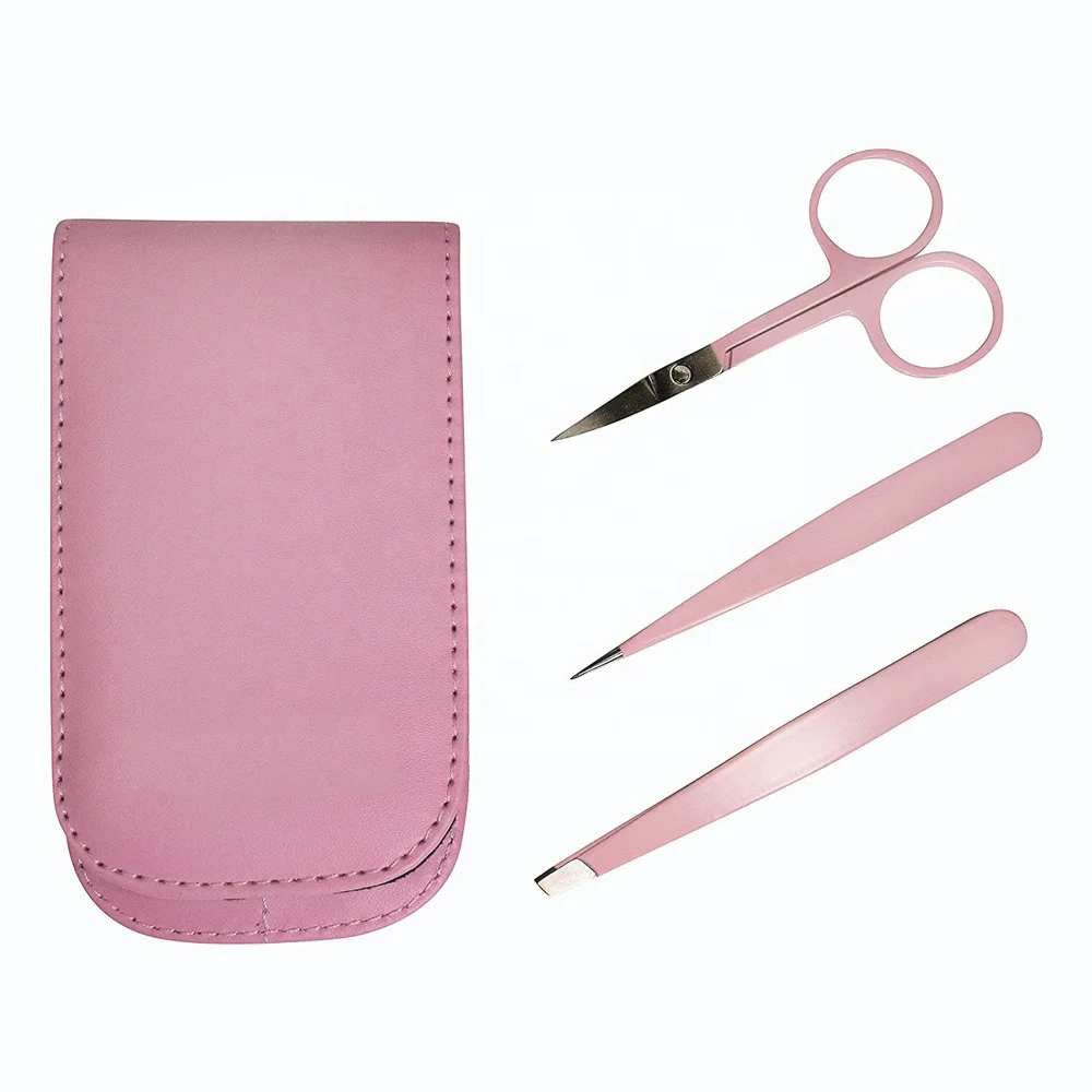 High Quality Pink Color 2 Piece Eyebrow Tweezers With Scissor And Pouch Pointed Tip Tweezers Slanted Tip Eyebrow Tweezers