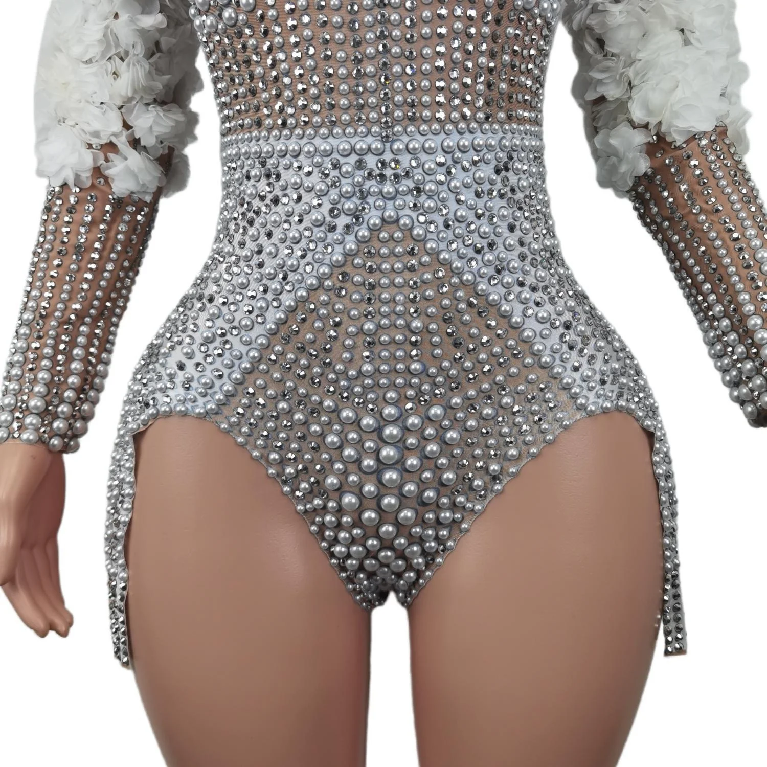 Sexy Performance Women Singer Leotard Stage Wear Beyonce Stretch Outfit Super Pearls Rhinestones Flower Playsuits