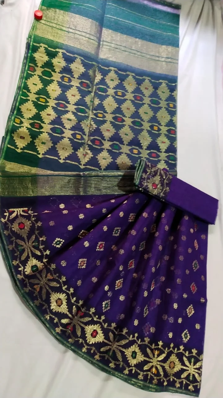 Deshi Dhakai jamdani zamdani Shari for women JAMDANI FABRIC blue RED GREEN Golden sky blue