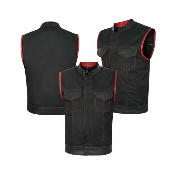 Black/Red Denim Motorcycle Motorbike Sleeveless Windproof Bike Riding Custom Casual Waistcoat for Men