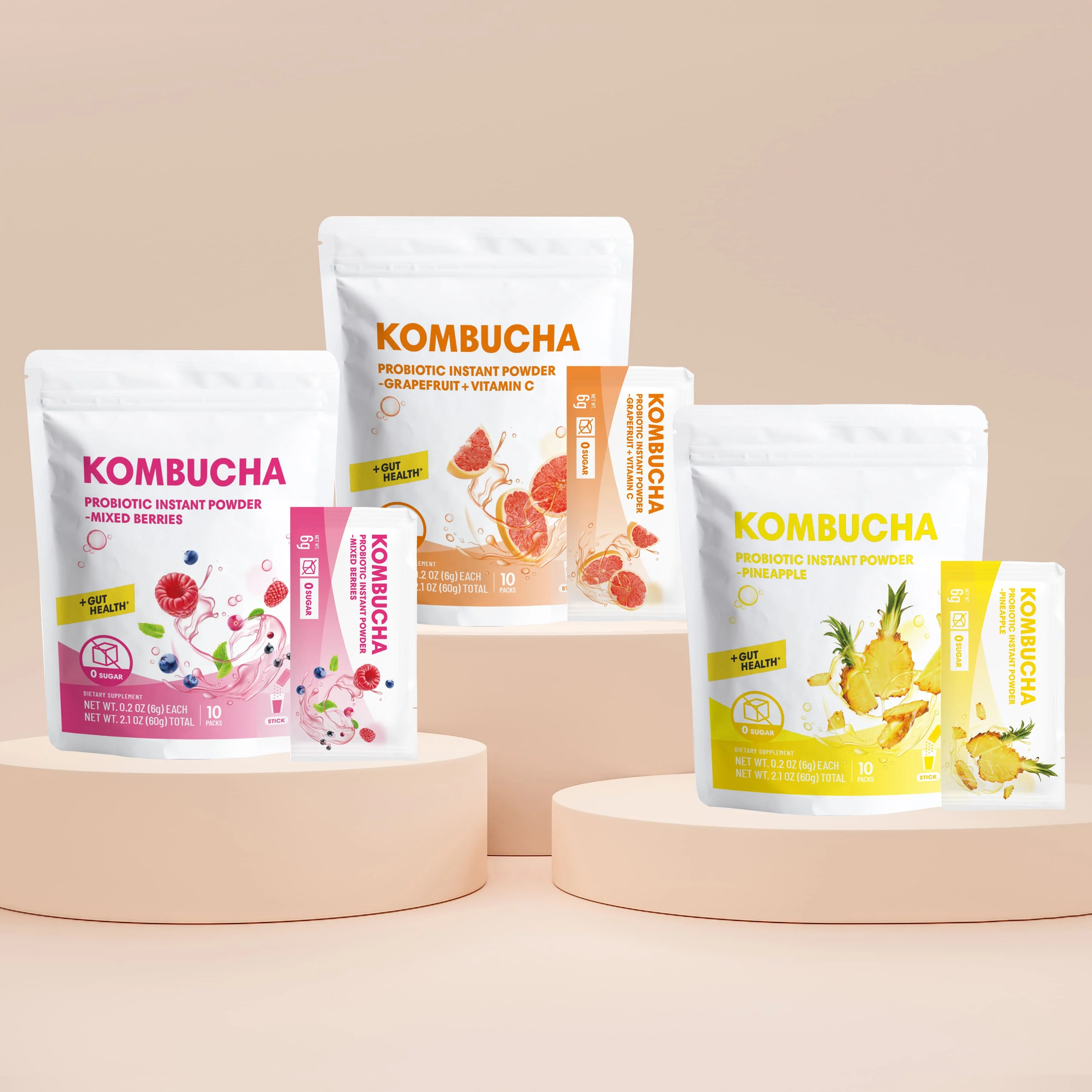 OEM Custom Travel Pack Scoby Probiotics Black Tea Powdered Drink Mix Slim Fruit Kombucha Tea For Gut Health