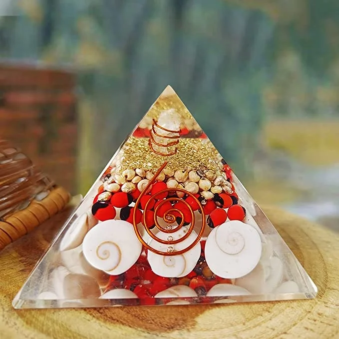Red & White Chirimoy Seeds Orgonite Pyramid Gemstone Material Home Decor EMF Protection Healing Vaastu Reiki-Themed Meditation