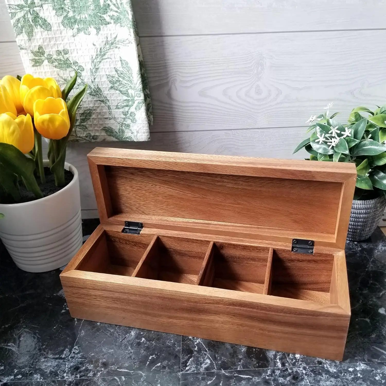 Acacia Wooden Tea Bag Paper Box with 4 Compartments Tea Bag Organizer Storage Crafts Box with Hinged Lid for Tea Storage