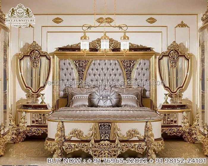 Classic Design Louis Bed Frame with Side Tables Latest Design Bed With Side Tables Best Classical Design Bedroom Furniture