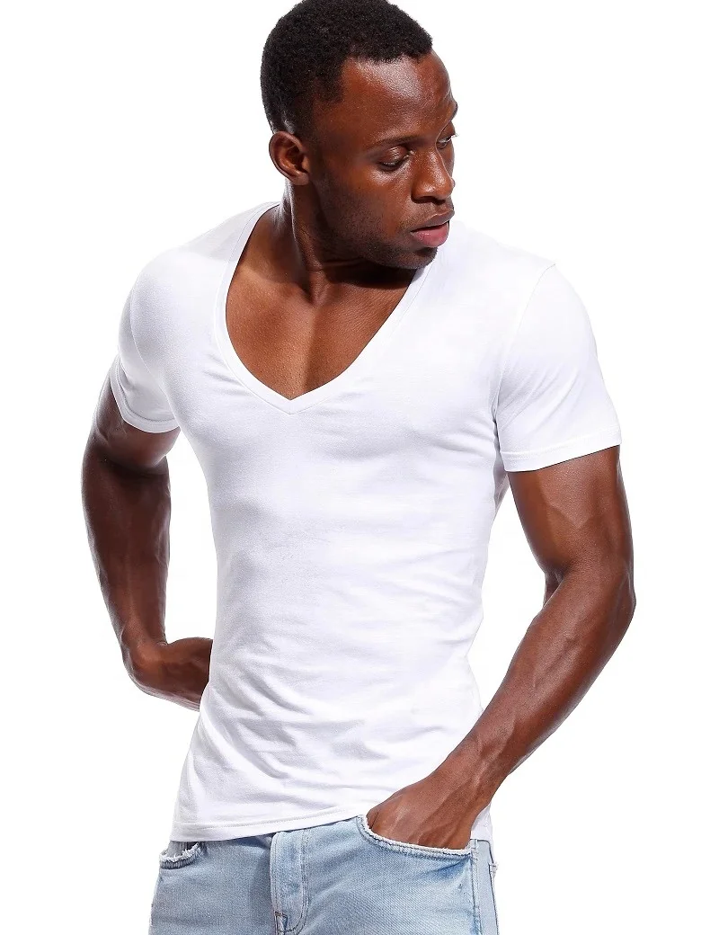 Deep V Neck T Shirt for Men Low Cut V neck Wide Tee Male T-shirt Invisible Undershirt Model Scoop Hem Slim Fit Short Sleeve tees