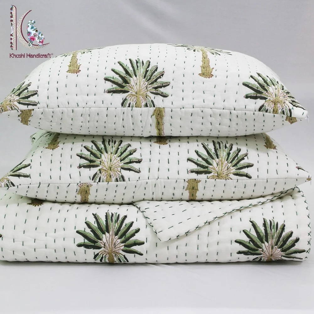 Зеленое одеяло kantha с пальмой оптовая продажа из 100% хлопка для королевской королевы