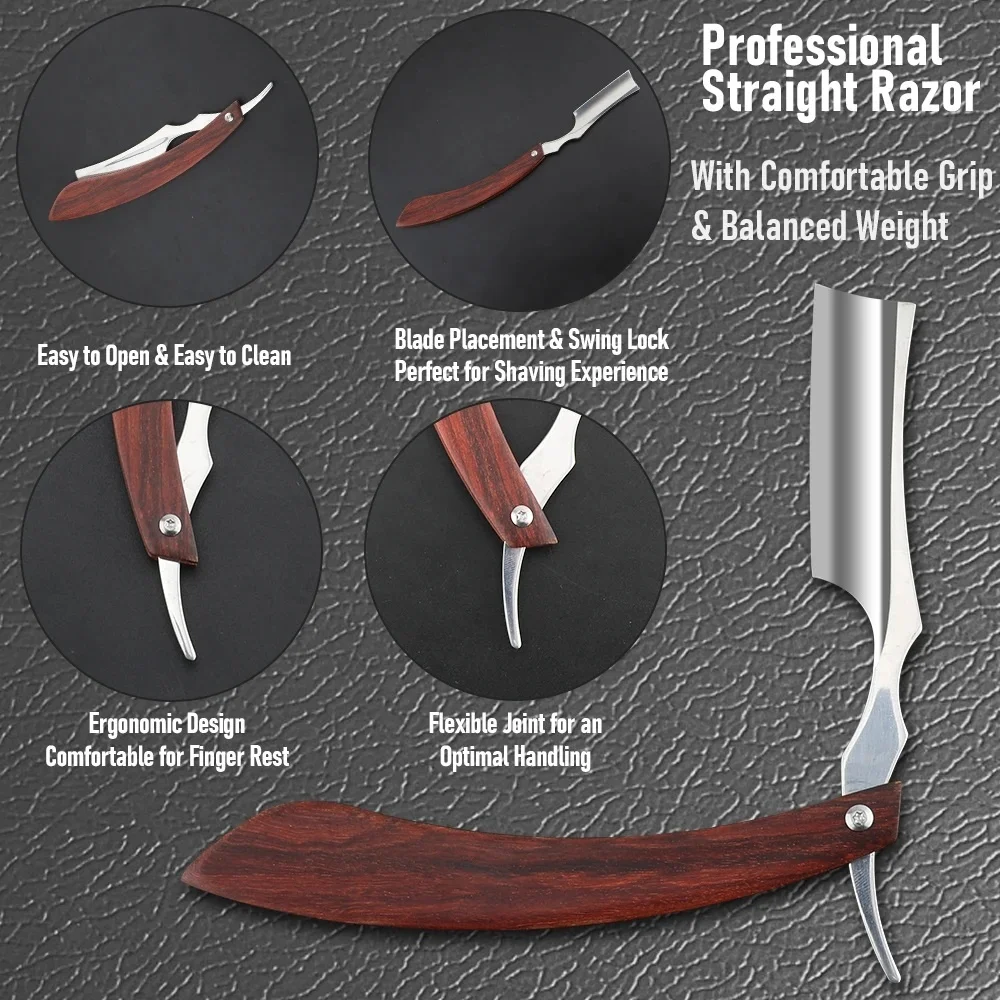 High Quality Straight Edge Razors Blade Stainless Steel Barber Wood Foldable Handle Beard And Hair Razor Adjustable Custom Logo