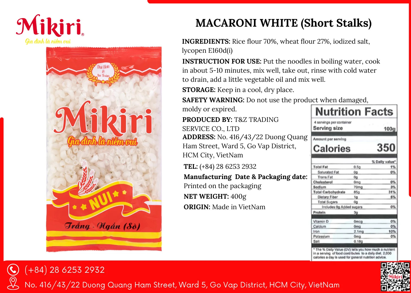Short White Macaroni/ Pasta/ Spaghetti Mikiri 400 gram x 24 bags From Viet Nam  100% Natural And Health Food Hight Quality