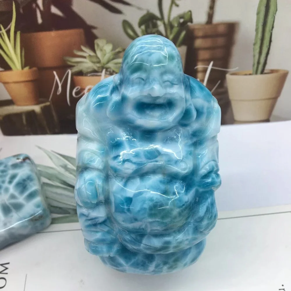 Home decoration Blue Maitreya Buddha Natural High Quality larimar Stone Healing Gemstone Crystal Hand Carved Buddha statue