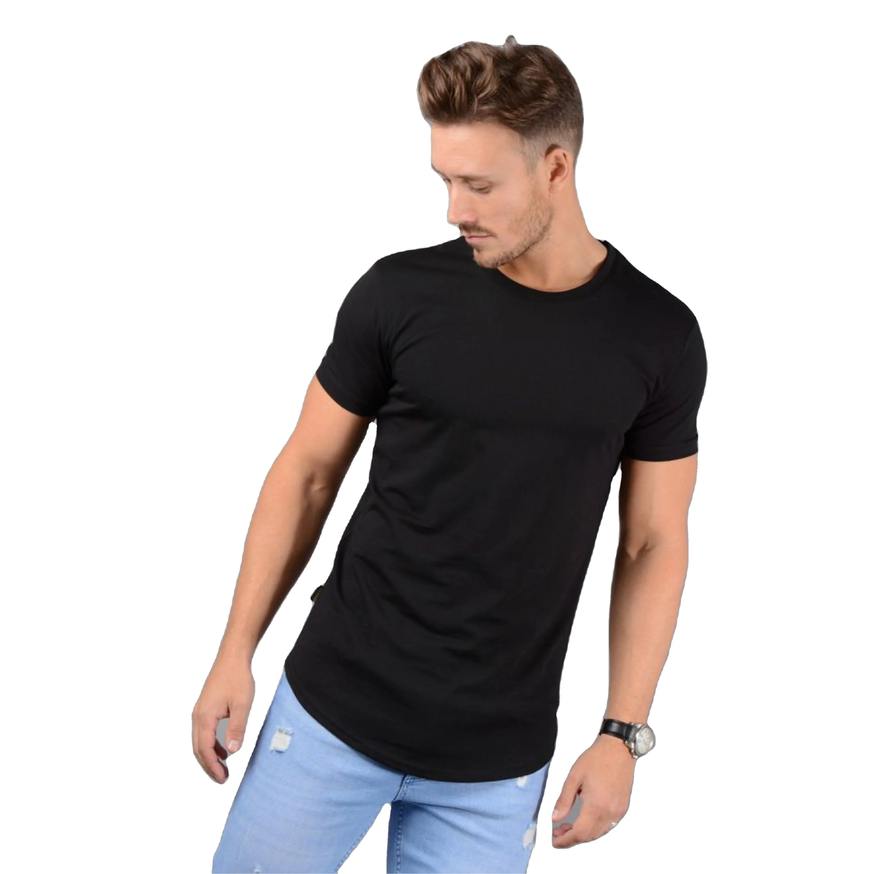 Streetwear Mens Slim Fit Long Sleeve T Shirt Top OEM Longline Curved Hem T Shirt Light Weight 93% Cotton 7% Elastane Gym T Shirt