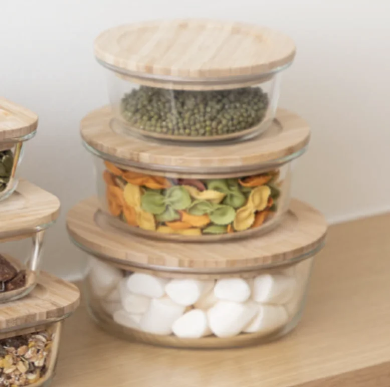 Nikko 400ml round Glass Food Storage with Bamboo Lid High Quality Multifunctional Modern Design Injection Technics