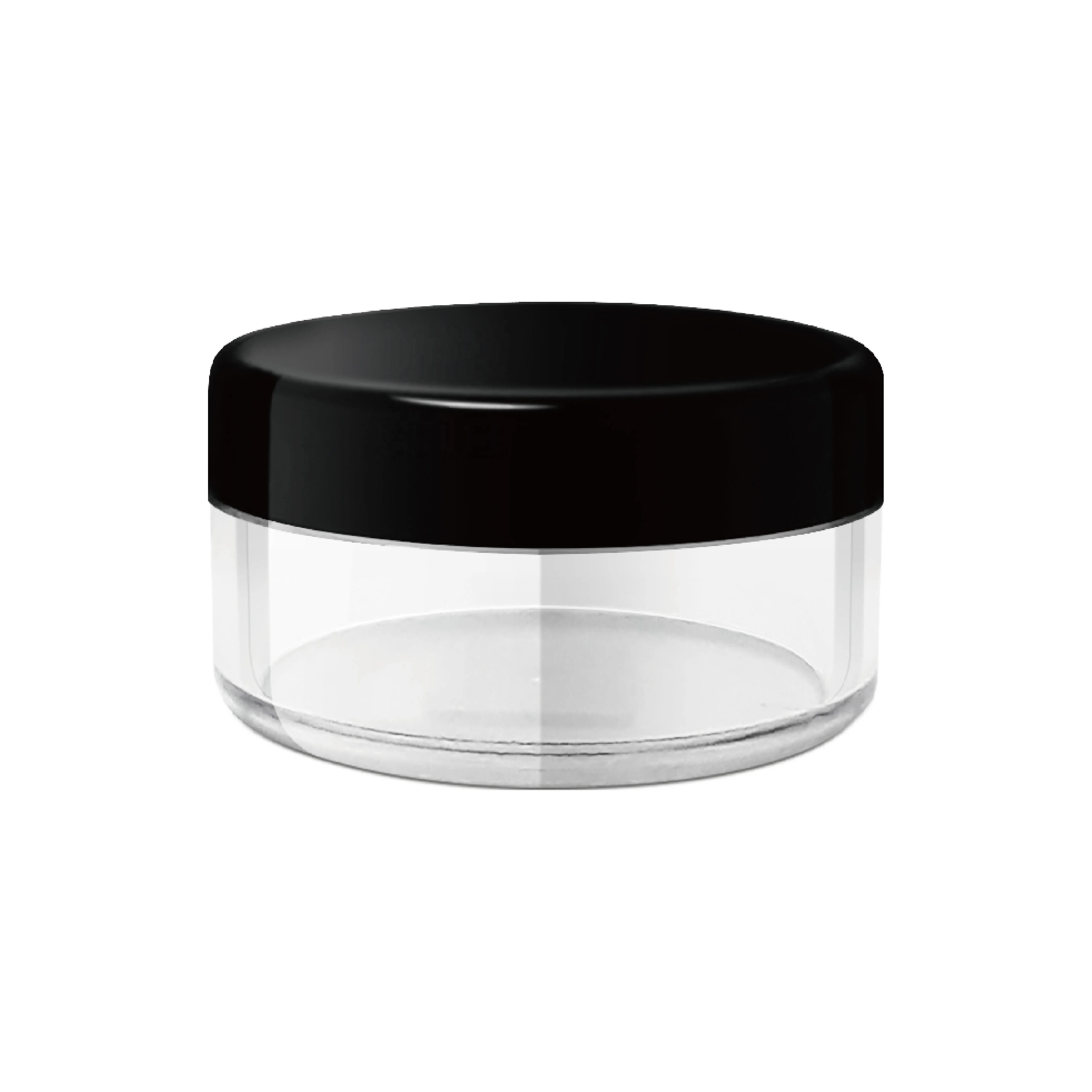 8ml SAN PET Clear Loose Powder Jar PE Sifter With ABS PMMA Glossy Black Round Screw Cap (INH08T)