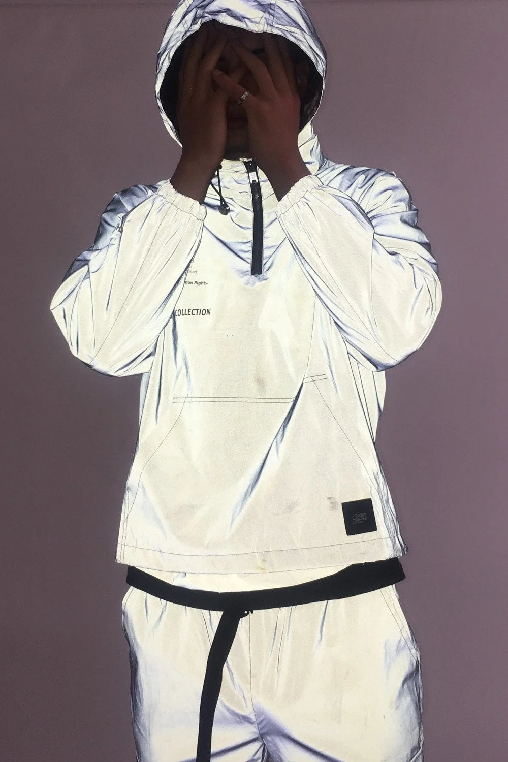 Custom Made Hooded Reflective Windbreaker Jacket Men Women Knitted Stripe Camouflage Rivet Decorations Reflective Windbreaker