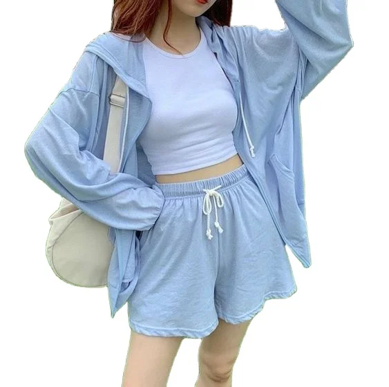 2022 Fashion Women Oversized Sets Pullover Sweatshirts Cotton Long Sleeve Solid Color Joggers Custom 2 Piece Short Set