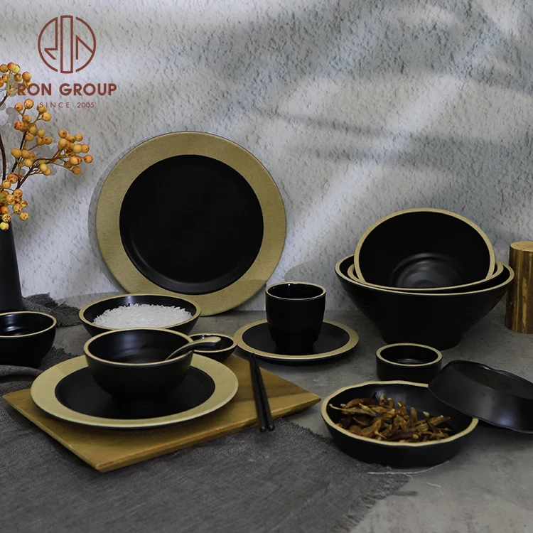 Luxury restaurant banquet dinner set tableware black and brown round rectangle sushi bowls dinnerware melamine plates