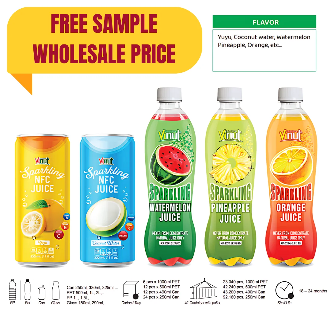 Wholesale/ Private Label Sparkling Grapefruit Melon Juice Drink 355ml VINUT Manufacturer - Free Sample, Sugar-Free OEM/ODM