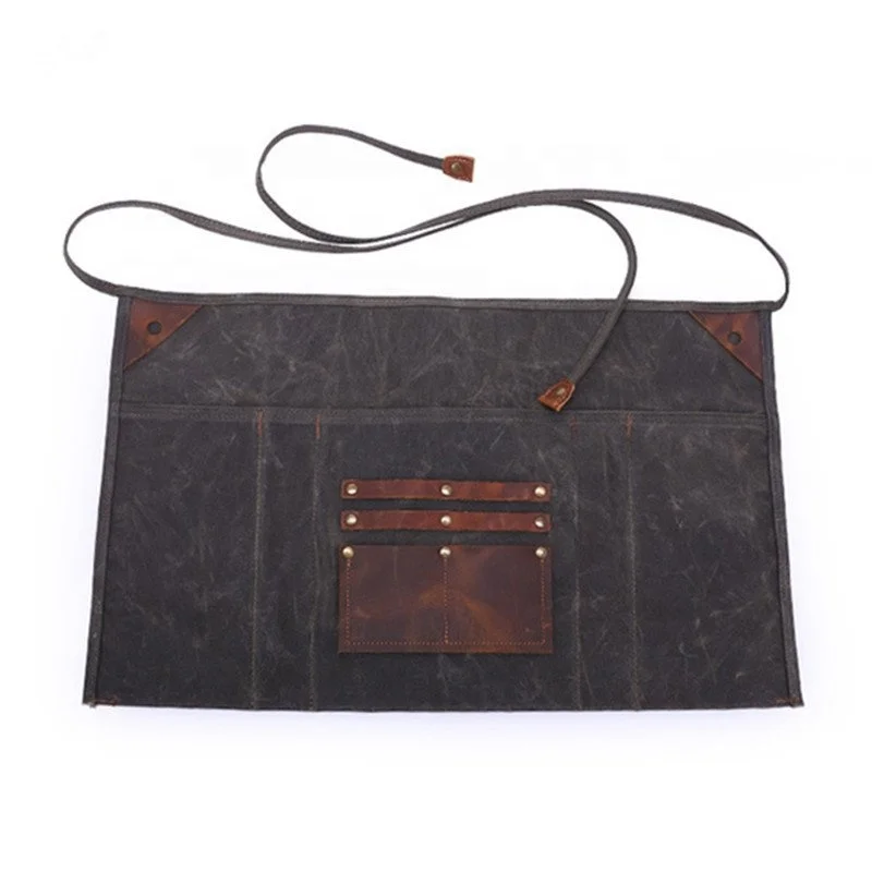 Professional Use Navy Blue Waxed Canvas Apron Half Waist With Leather Pocket Restaurant Chef Beauty Saloon