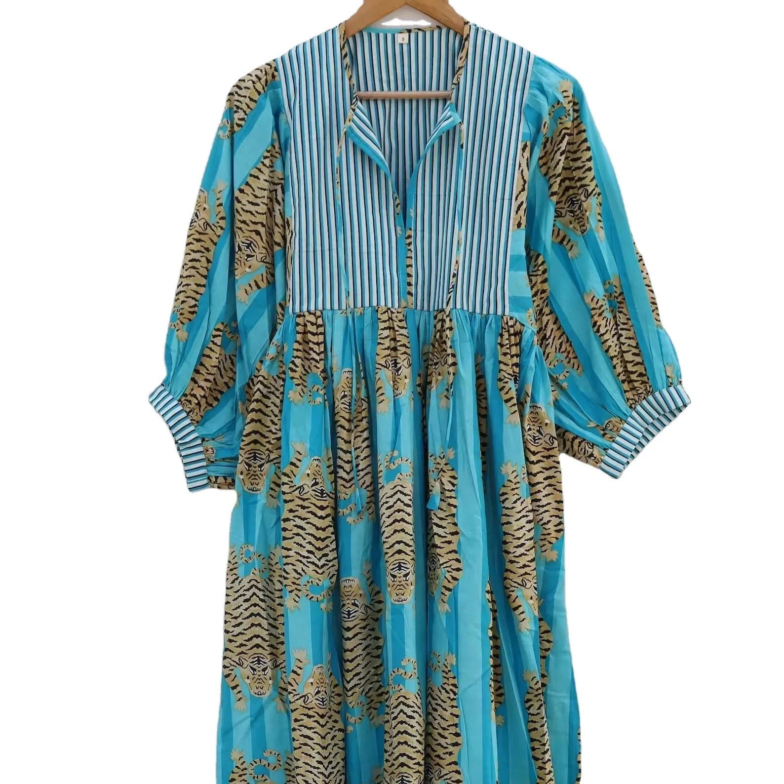 Aqua Blue Tiger Stripes Midi Dress, mini Dress Party Wear closed neck Cotton Women Dress from Indian Manufacturer and Exporter