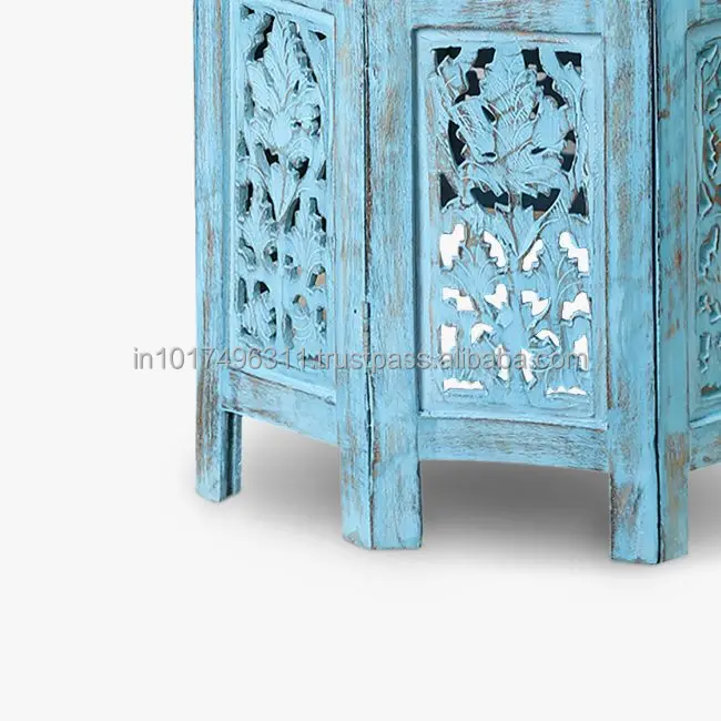 Wooden Handcrafted Carved Antique Solid Folding Sky Blue Coffee Table Wood Side (Finish Color - )