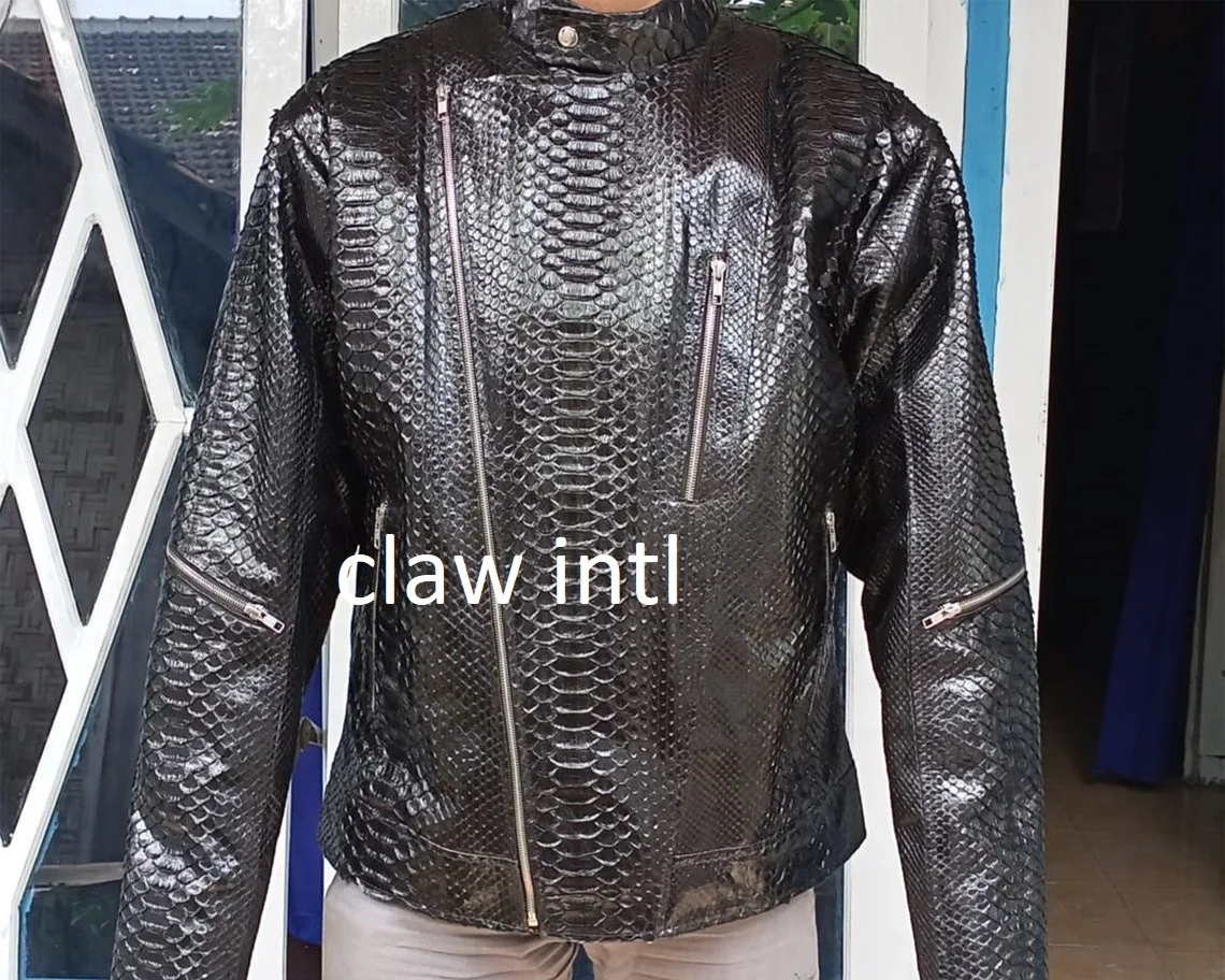 Python leather Jacket Men Custom Size Black King Python Snakeskin Motorcycle Leather Jacket