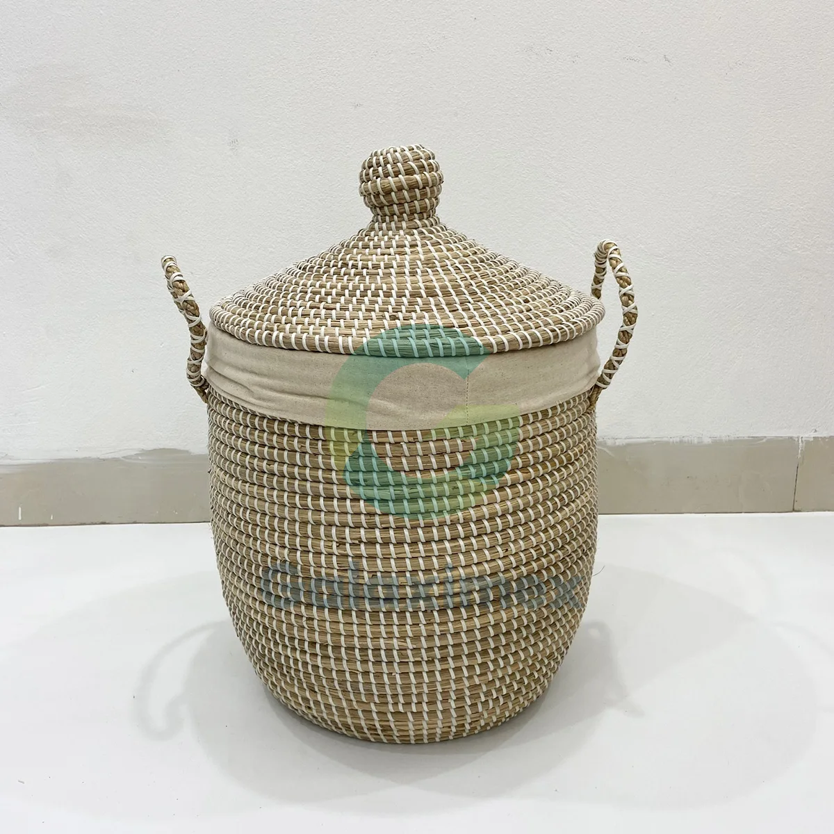 Large white wicker hamper basket handcrafted in Vietnam