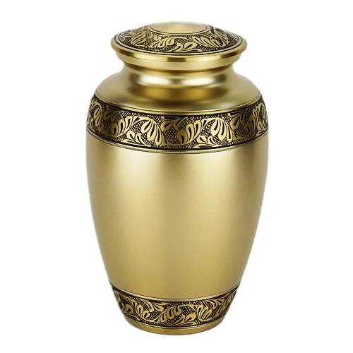 Matte Gold Finish with Hand Engraved Leave Band on Lid , Top and Bottom Classic Brass Adult Cremation Urn 10.25Hx6D inches 2Kg BCU-18A.png