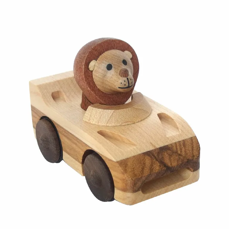 [2A] Wooden Pull back Car Racing Car Lion Wood Crafts