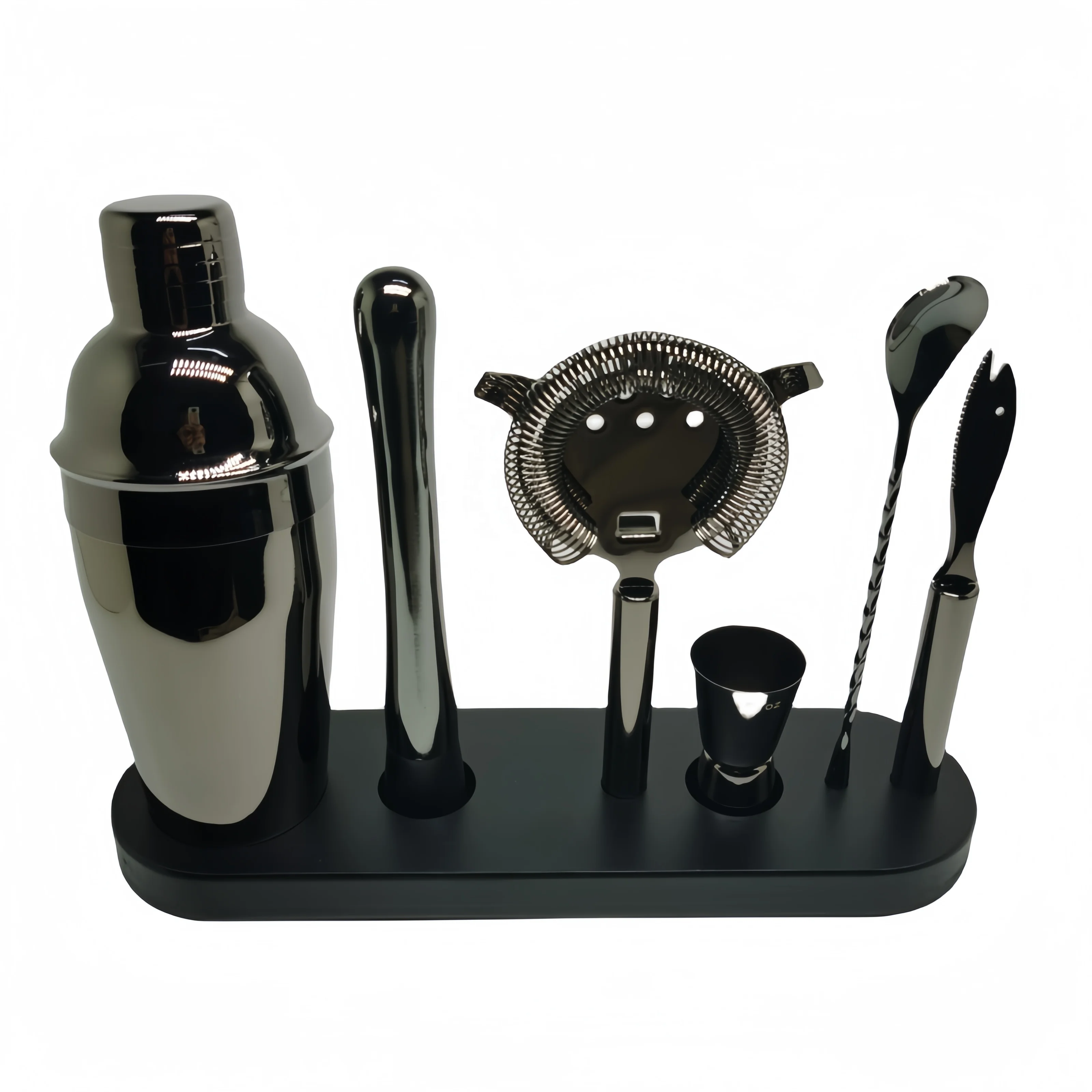 2024 Custom Logo Luxury Mixology Stainless Steel Bar Tools Set Cocktail Shaker Set with Bamboo Stand Boxed Wine Utensils