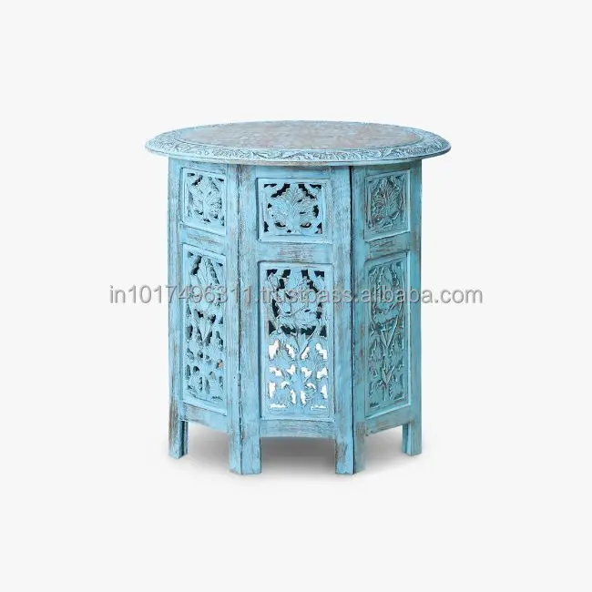 Wooden Handcrafted Carved Antique Solid Folding Sky Blue Coffee Table Wood Side (Finish Color - )