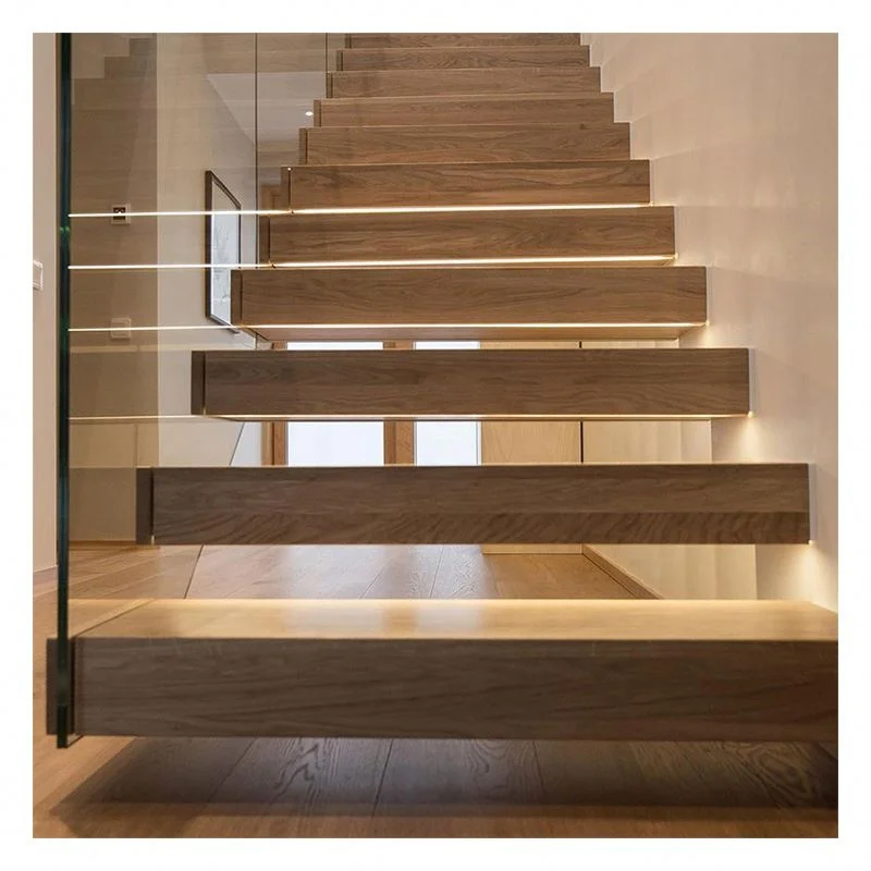 Alucasa Wooden Glass Prefabricated Stairs Straight Metal Oak Wood Indoor Staircases