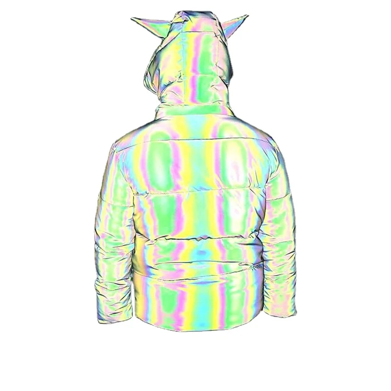 Модная плотная Радужная Светоотражающая куртка с подкладкой женское пузырьковое пальто ожогом для зимы парка капюшоном флуоресцентная верхняя одежда